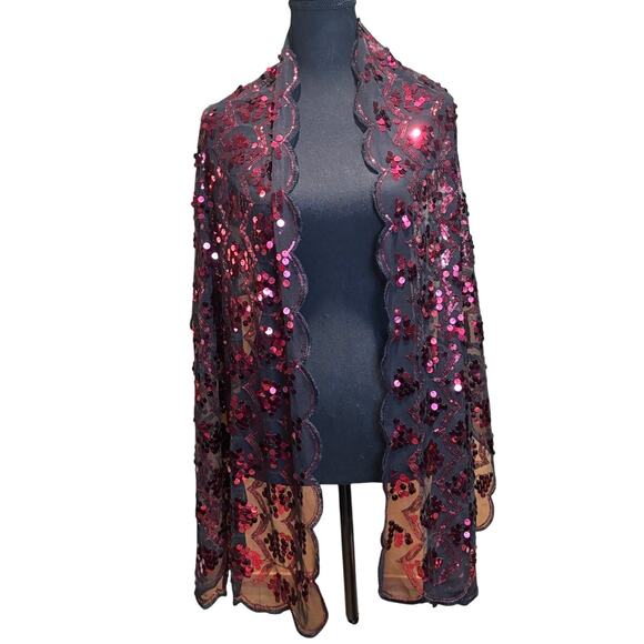 Black Lace & Red Sequin Scarf, EUC - Picture 2 of 3